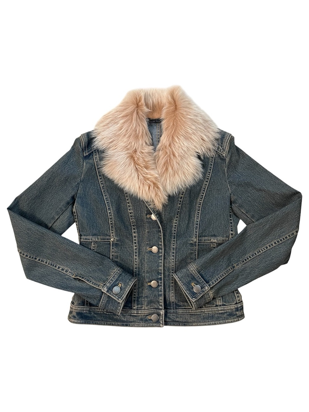 ✨ELIE TAHARI✨Washed Blue Denim Jacket with Faux Fur Collar